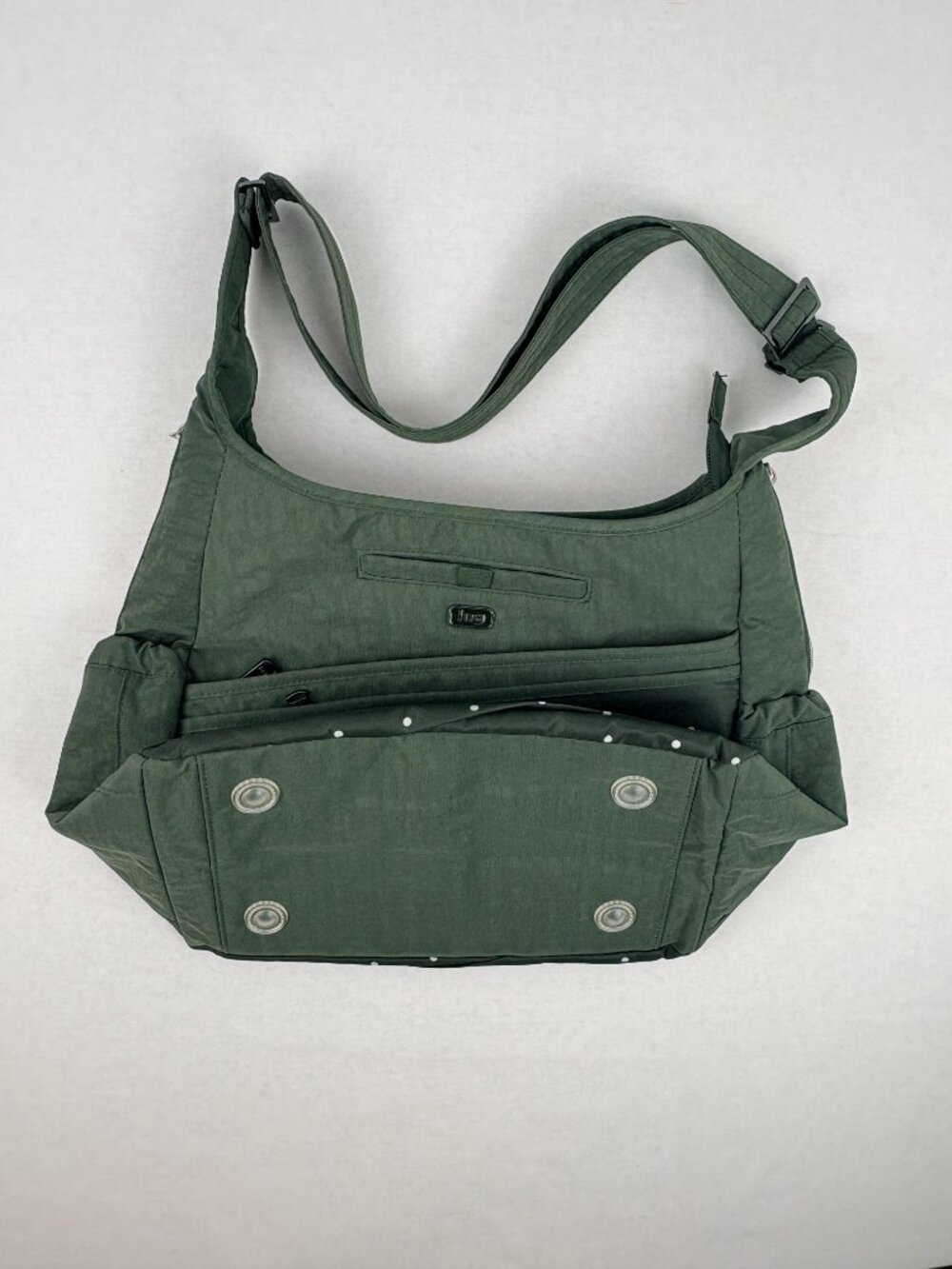Lug Parachute Crossbody Bag Olive Green Polka Dot Pleated Messenger Travel RFID - Picture 10 of 10